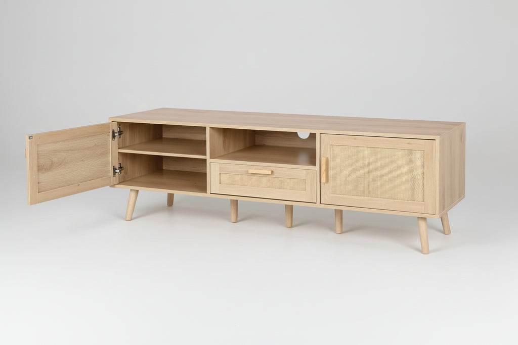 59-Inch Boho TV Stand Handmade 70-Inch TV Console Rattan Decorated Doors Natural Living Room Entertainment Center