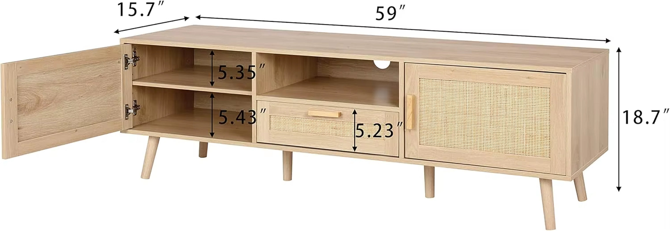 59-Inch Boho TV Stand Handmade 70-Inch TV Console Rattan Decorated Doors Natural Living Room Entertainment Center
