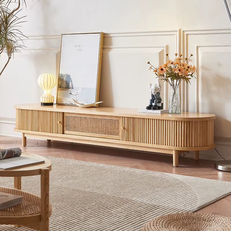 Vintage Japanese Wabi-Sabi Style White Ash Wood TV Cabinet Rolling Door Audiovisual Stand for Small Home Apartment Living Room