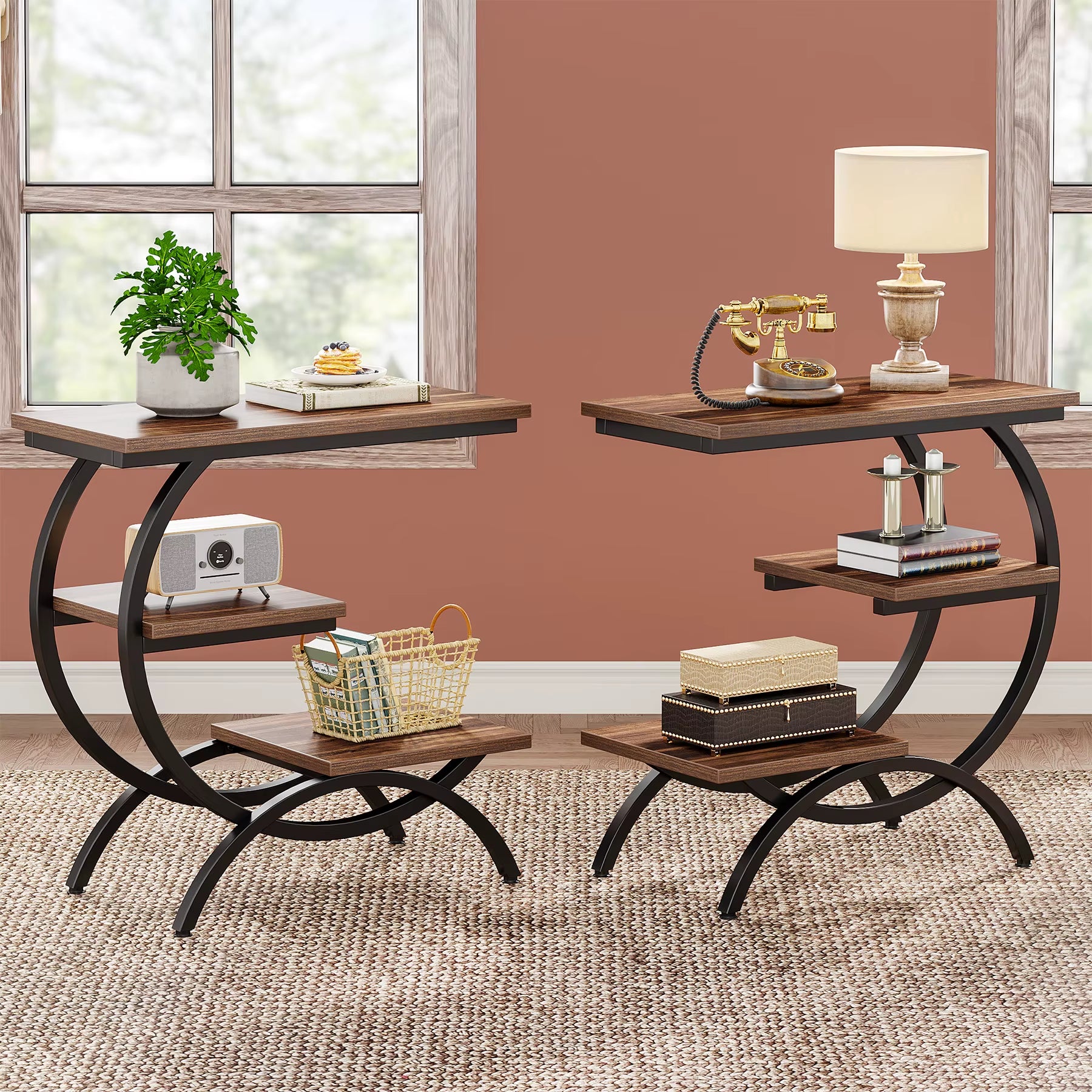 C Shaped End Table, Small Side Table for Couch, Industrial 3-Tier Couch Table, Wood Bedside Table, C Side Table for Small Spaces