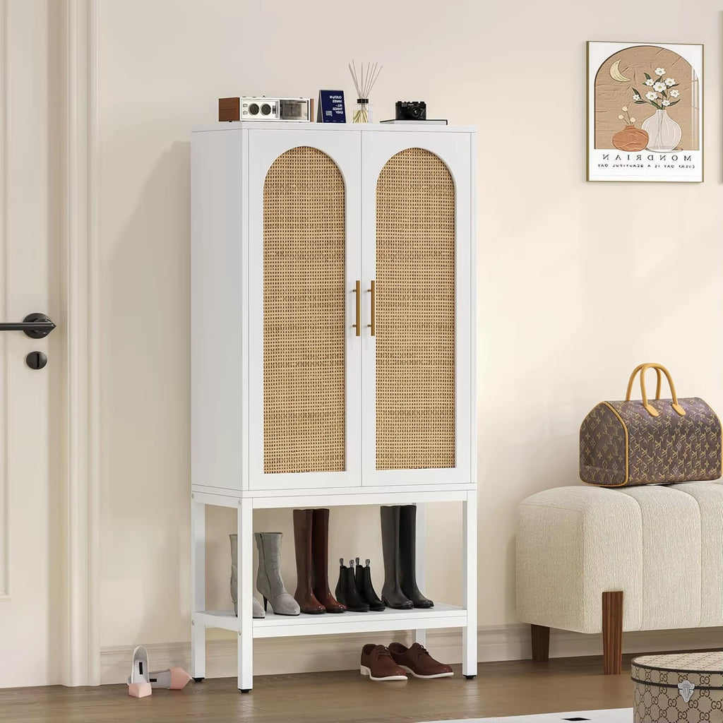 Modern 2-Door Floor Cabinet for Bathroom Living Room White Natural Wood 4-Shelf Adjustable Open Bottom Wash Basin Storage