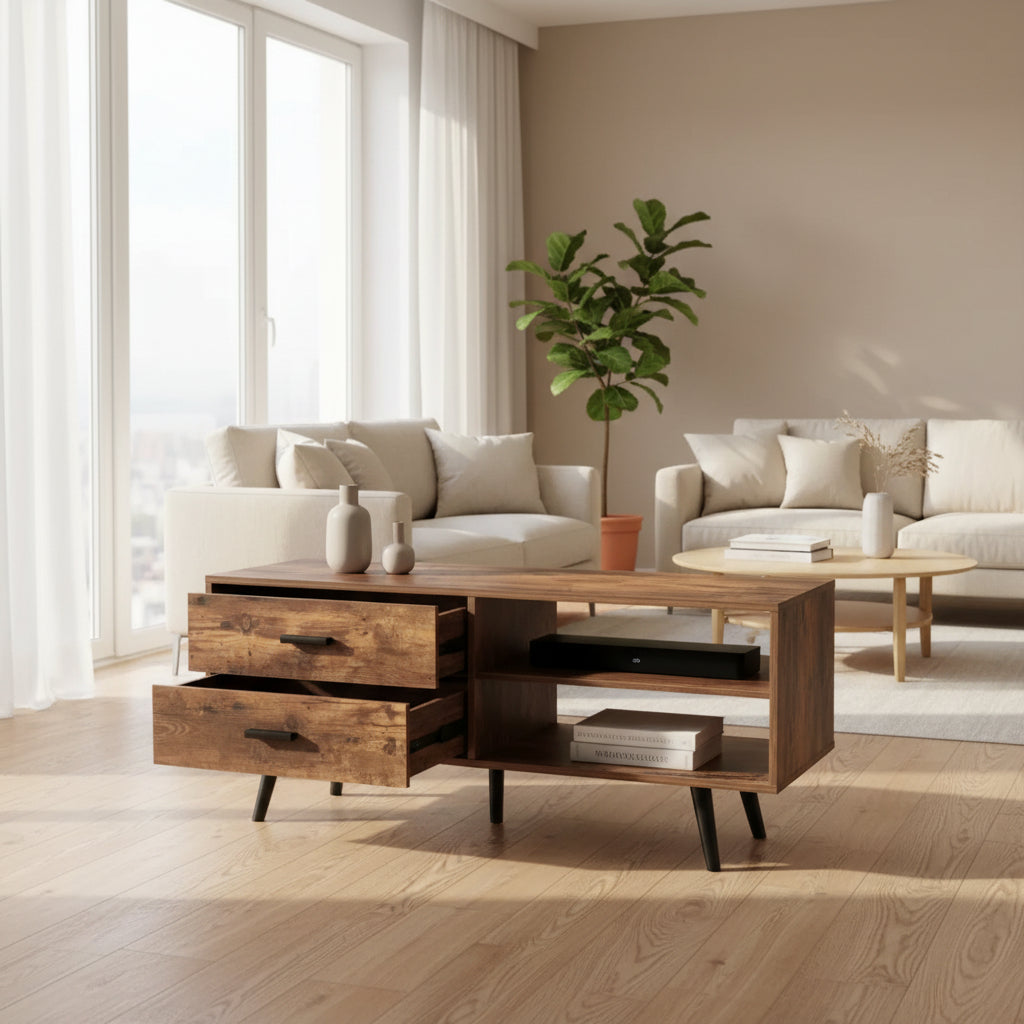 Nordic Style Wood Panel TV Stand Home Office Furniture with Metal Legs Storage Shelves for Living Room Use