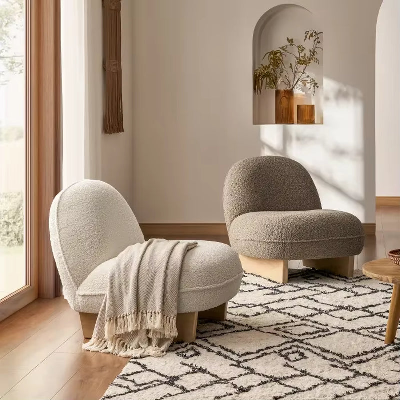 Modern Fabric Lambswool Sofa White Cushions Wood Base Lounge Armless Chair Single Sofa