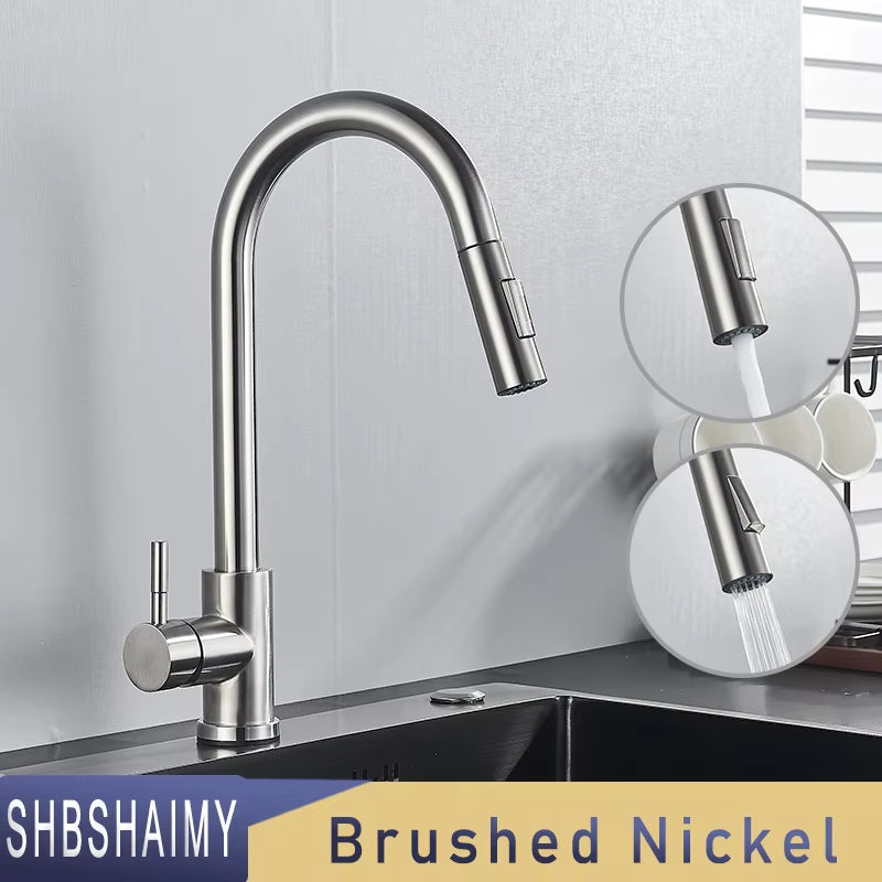 Nickle Gold Kitchen Faucets Stainless Steel Pull down Stream Sprayer Deck Mount Water Sink Taps Black Brushed
