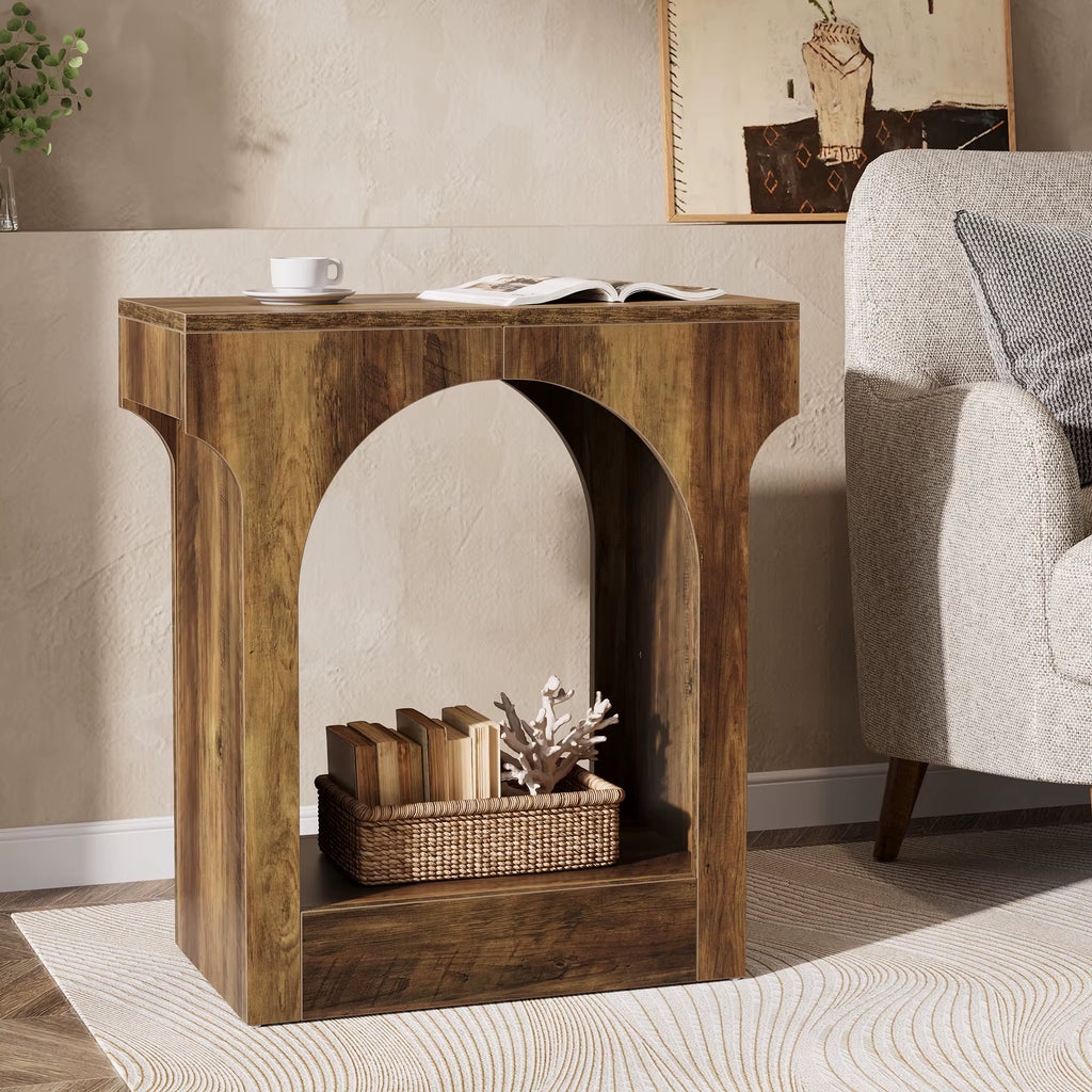 Tribesigns Narrow Side Table Brown Black C Shaped End Table Modern Bedside Tables for Couch, Small Sofa Tables with Metal Frame