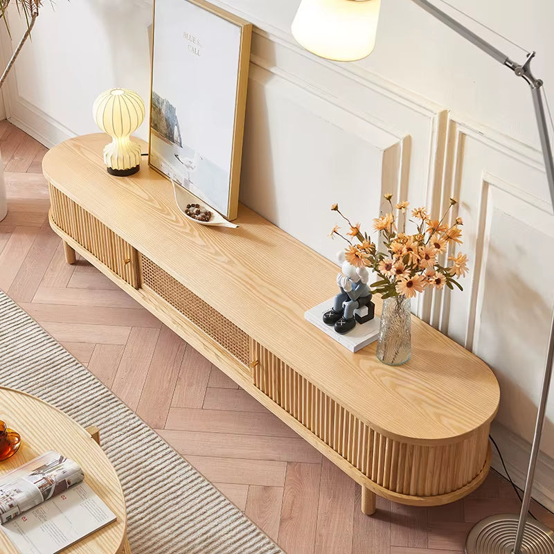 Vintage Japanese Wabi-Sabi Style White Ash Wood TV Cabinet Rolling Door Audiovisual Stand for Small Home Apartment Living Room