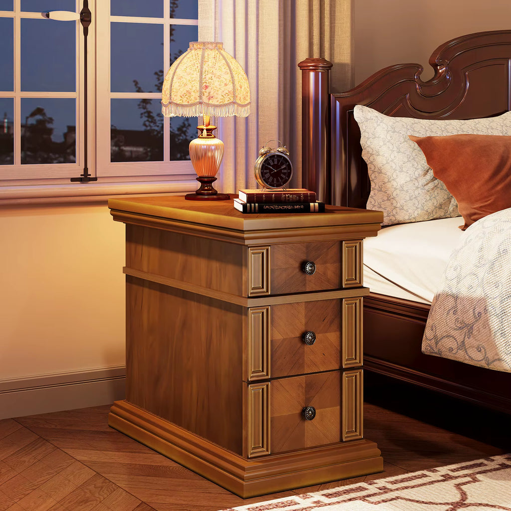 Tribesigns Narrow End Table with 3 Drawers, Vintage Walnut Sofa Side Table, Wooden Rectangular Bedside Table Slim Nightstand