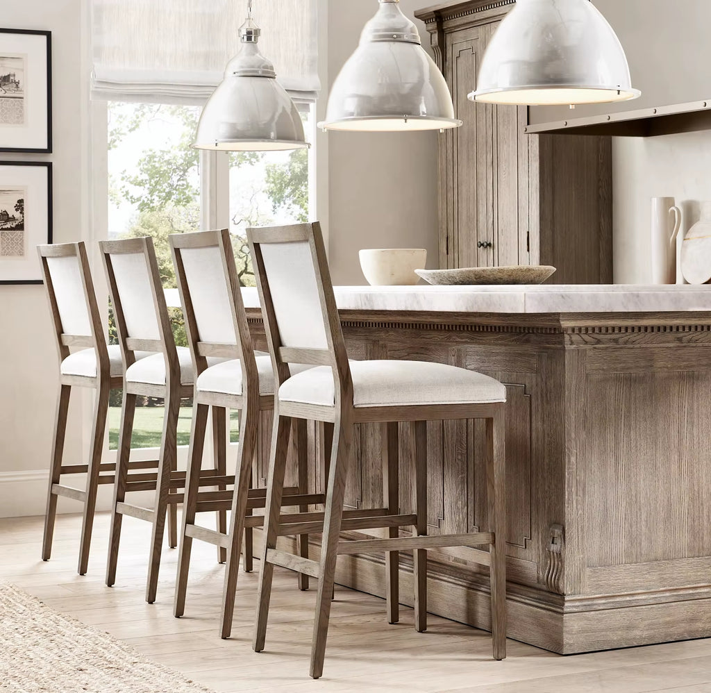 French Contemporary Square Fabric Craft Bar Stool Oak Frame Bar Chair Handcrafted Counter Stool Luxury