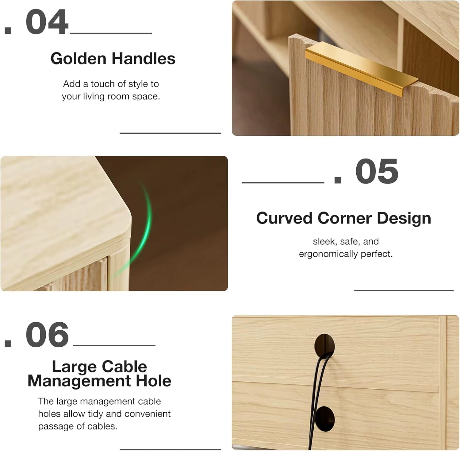 Modern TV Stand Living Room Entertainment Center 55-59 Inch Tvs Media Console Fluted Door Panels Open Shelves Oak