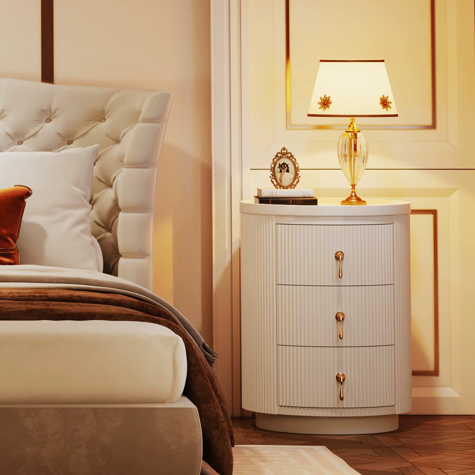 Tribesigns Nightstand with 3 Drawers, No Assembly Required Modern round Bedside Table Side Table with Storage and Gold Handles