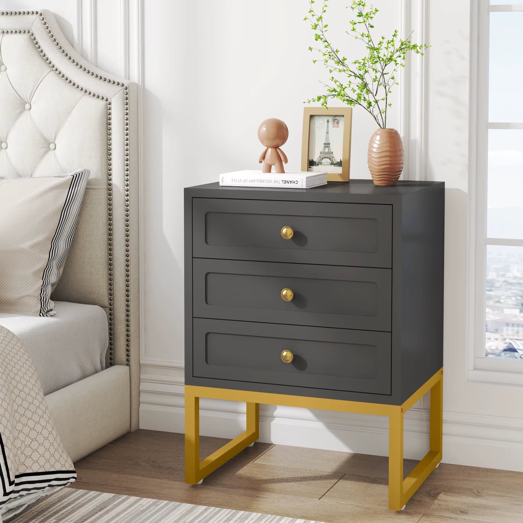 Tribesigns Modern Minimalist Luxury European Style Wood Night Stand Bedside Table Gray for Bedroom Furniture