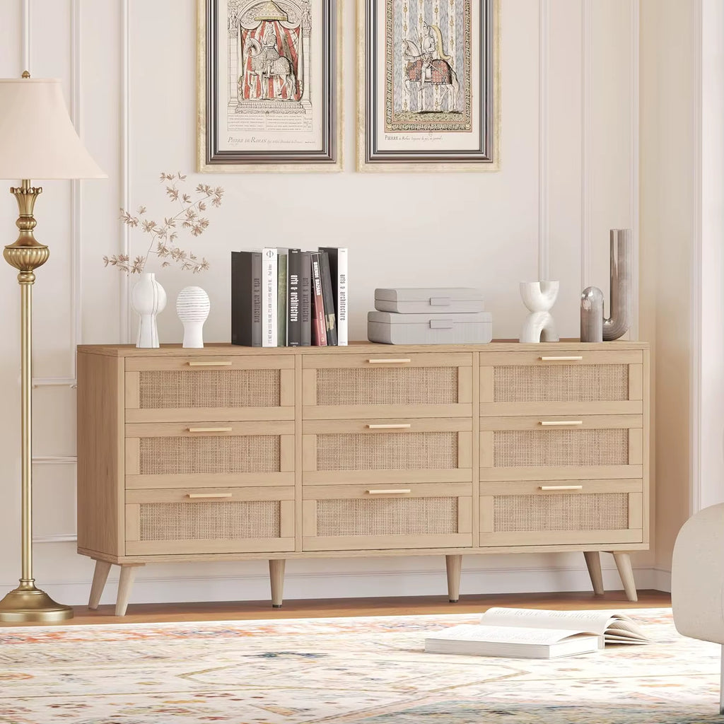 Large Capacity 9-Drawer Dresser Modern Wooden with Golden Handles Foldable for Bedroom or Warehouse Use