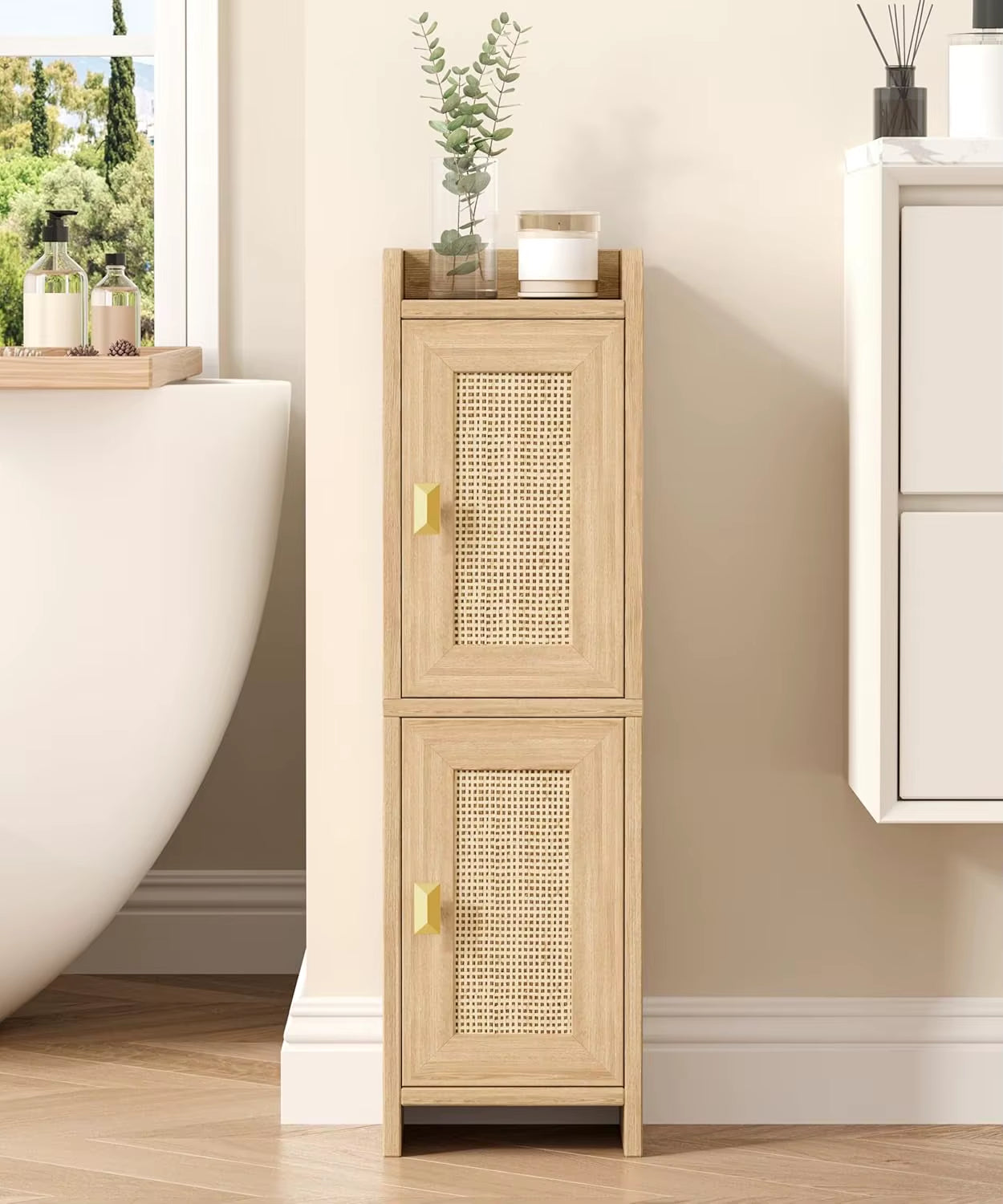 Natural Oak Wooden Bathroom Furniture Small 2-Door Narrow Toilet Paper Storage Organizer Outdoor Suitable Bathroom Cabinet