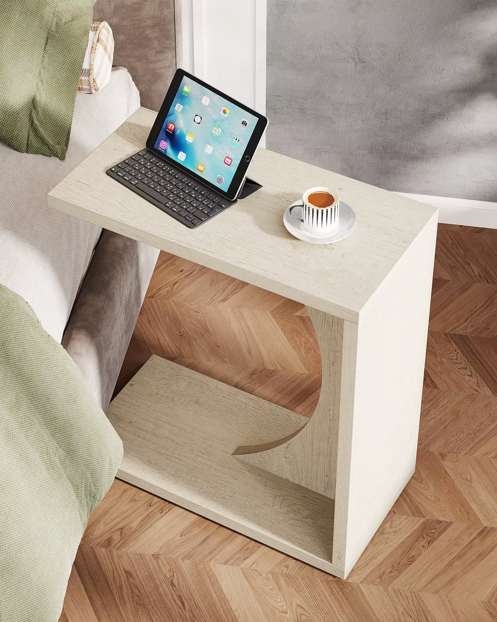 C Shaped End Table for Sofa & Bedroom - Small Side Table for Living Room, over Couch Tray Stand for Laptop, Snacks, Books,