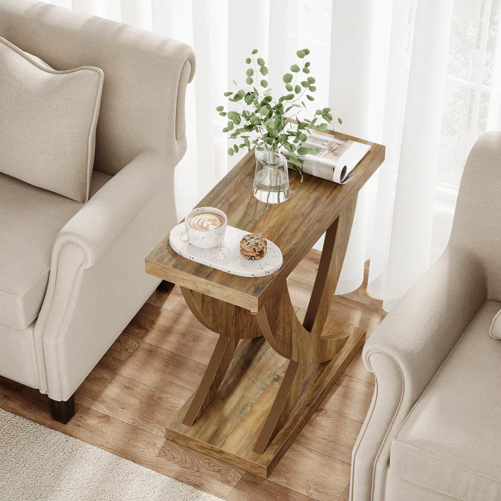 Wood End Side Table for Living Room, Night Stand for Bedroom with Cross Fishtail Support, Farmhouse Nightstand for Small Spaces