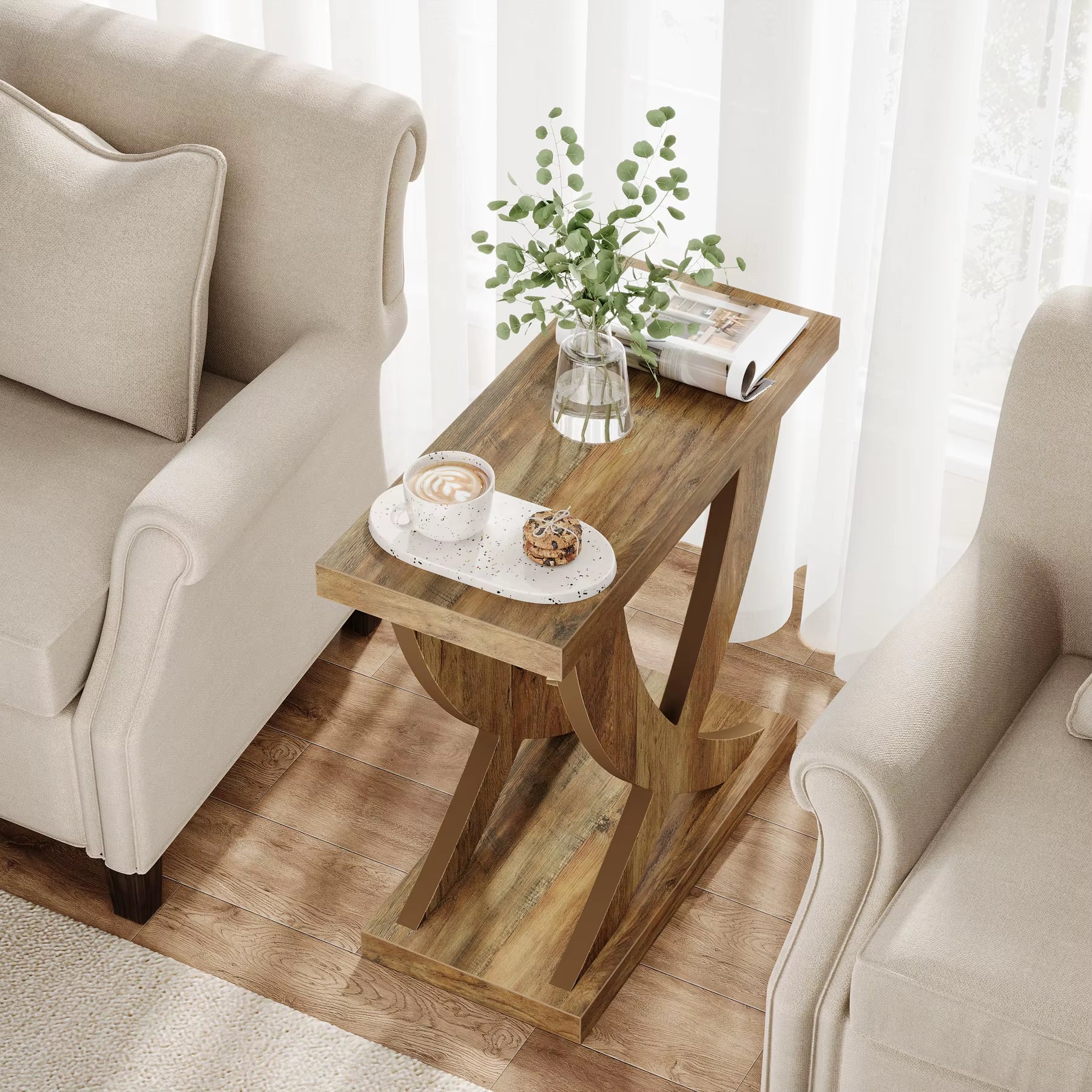 Wood End Side Table for Living Room, Night Stand for Bedroom with Cross Fishtail Support, Farmhouse Nightstand for Small Spaces